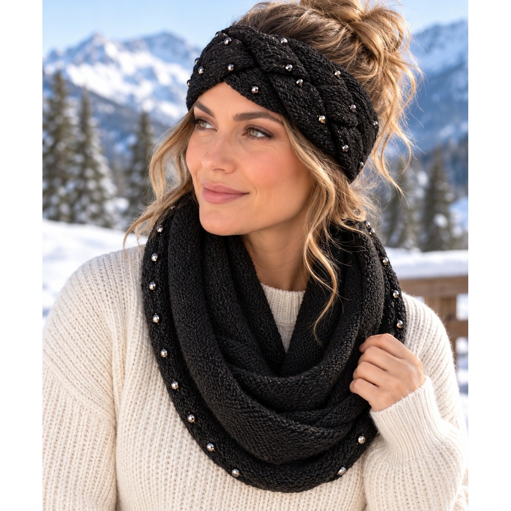 C.C Exclusives Scarf Headband Set Women OS Black Studded Winter Cozy Gorpcore